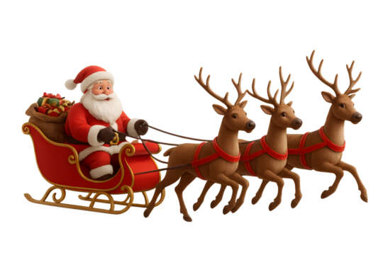 Santa Claus riding in a red sleigh pulled by four reindeer, isolated on transparent background. Traditional Christmas scene with Santa delivering gifts. Festive holiday concept with realistic 3D rende - Powered by Adobe