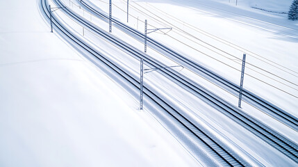 A network of train tracks cut through a snowy expanse. The parallel lines guide journeys across winter landscapes, connecting destinations through a blanket of white.