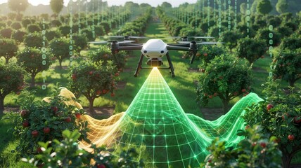 Drone scanning apple orchard with digital smart farming data grid
