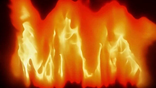 Close-up abstract view of intense, licking flames in shades of bright orange, yellow, and red, filling the frame. Ideal as a background or overlay for a hot, fiery look.