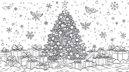 Fototapeta premium Snowy Christmas tree with gifts, angels, and snowflakes; coloring page