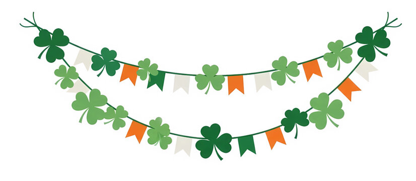 Double strand of festive garland decorations featuring shamrocks and triangular flags in green, white, and orange for St. Patrick's Day.