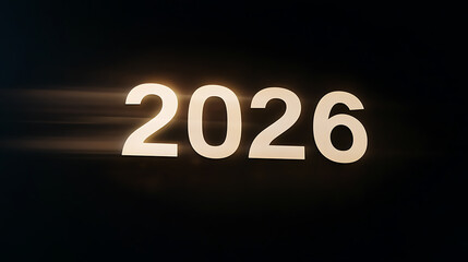 Illuminated '2026' year display against a dark background. The glowing numbers suggest a sense of anticipation for the future. The scene is simple, modern, and quietly reflective.