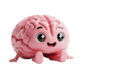 anthropomorphic pink brain mascot with sparkling eyes and a wide smile, 3d rendered on a transparent background with ample copy space. concept of a happy, positive mind