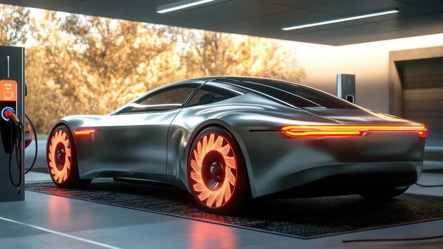Electric Car Futuristic Design: A sleek, modern electric car, radiating futuristic design, sits at a charging station with illuminated wheels, showcasing the forefront of transportation innovation.