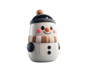 Cute glossy 3D Christmas snowman toy with smooth rounded cartoon shapes bright festive colors isolated on a transparent background scarf and hat playful minimal winter decorative figure