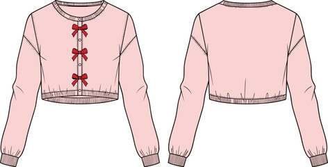 Cute cropped cardigan design with bows, pastel pink fashion illustration, long sleeve garment template, feminine stylish apparel vector drawing layout