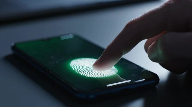 Fingerprint scan on smartphone screen for biometric security and data access