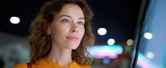 Confident woman interacting with a touchscreen information display at a transport station.