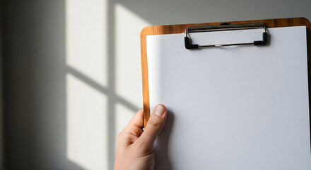 Hand holding blank clipboard with empty white paper sheet in sunlit room