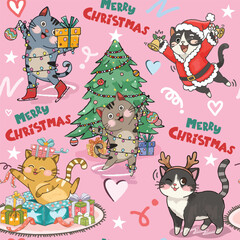 Cute kitty cat having fun on christmas day seamless pattern