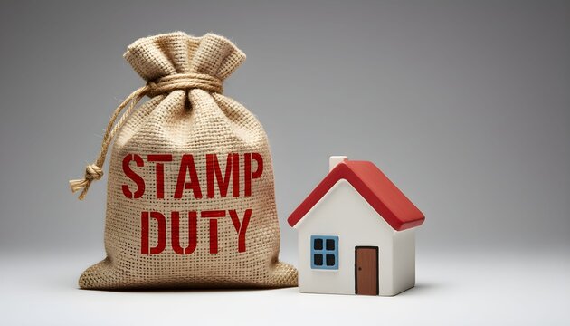 red house miniature,miniature house,3d rendered money bag,stamp duty text on money bag,studio shot,white background
