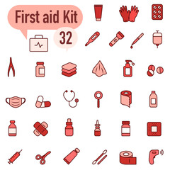 A set of minimalist icons in shades of red with outlines, dedicated to the theme of medicine and first aid.
