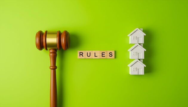 wooden gavel, miniature houses, rules text, green background, minimalist design, simple composition, still life photography
