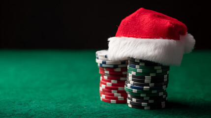 Festive gamble with poker chips stacked on a green surface and a red Christmas hat on top, against black backdrop. Holiday entertainment concept, casino themed party