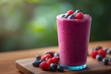 A vibrant freshly made smoothie in a glass, garnished with berries, sitting on a kitchen island, promoting a healthy start.