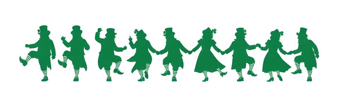 Silhouette of male and female figures in traditional leprechaun-style attire dancing in a line, holding hands for an Irish jig or reel.