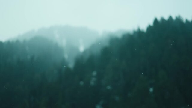 4kshot of snowfall in Indian Himalayas with a forest blurred in the background. Winter mountains background at Pahalgam, Kashmir, India. Winter scene with snow fall in slow motion.
