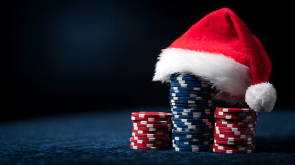 Festive poker night: A stack of blue & red poker chips sits on a blue table, crowned by a Santa hat. Luck & holiday cheer blend in this image, perfect for a seasonal game.