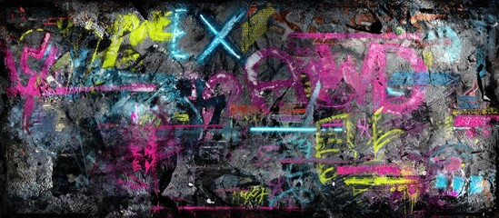 Abstract graffiti art in bright neon colors on rough texture background