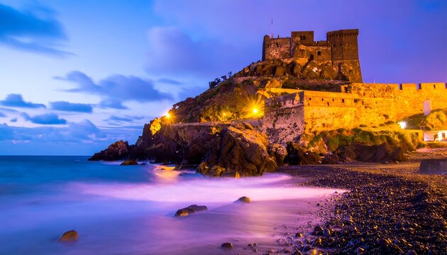 Stony beach with medieval castle atop a cliff, illuminated at night with flowing water - Powered by Adobe