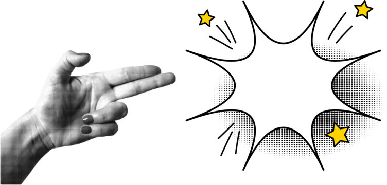 Template for retro pop art banner, empty speech bubble, explosion in a comic style. Halftone collage, women's hand gesture in the shape of a gun, two fingers, cut out of paper, shot.