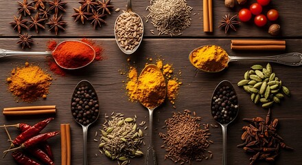 Overhead flat lay of diverse colorful spices and herbs in spoons on a dark, rustic wooden cooking surface