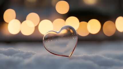 A captivating heart shape on the ground, framed by sparkling golden lights. A symbol of love glowing against a soft, wintery backdrop; a magical moment captured.