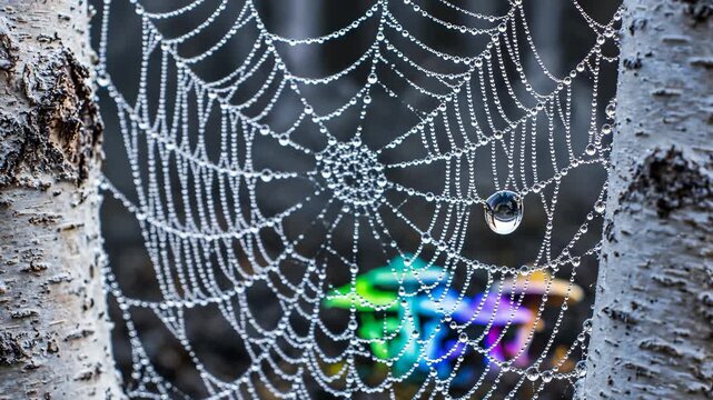 Spider Web Shines With Water Droplets on a Colorful Background