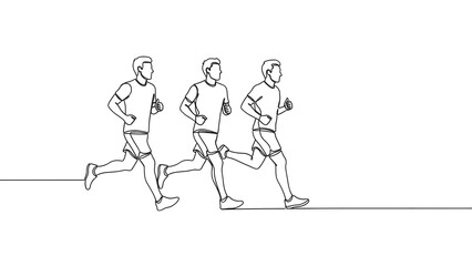 Three runners, captured in a continuous line art, gracefully moving. 