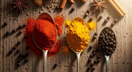 Detailed close-up of different seasoning spices displayed in silver spoons on a dark wood grain backdrop.