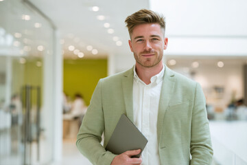 Confident well groomed man early 30s holding tablet in modern office environment, smiling with relaxed posture and soft lighting