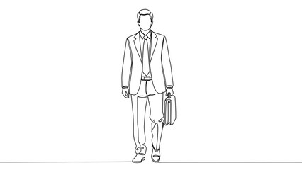 A minimalist line drawing of a suited man confidently walking, holding a briefcase. 