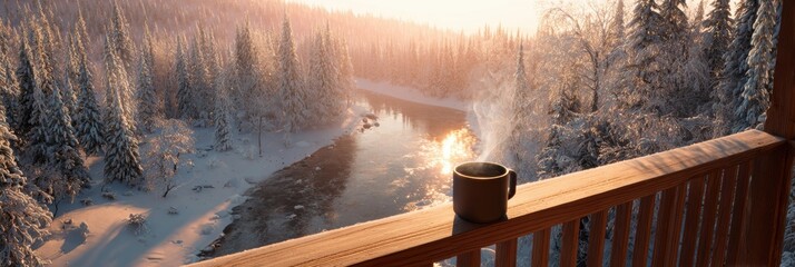 Mug with hot drink and steam rising on rustic cabin porch overlooking river and winter forest peaceful serenity vibe