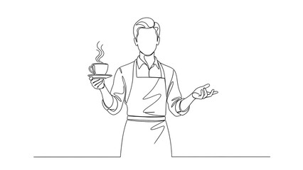 A minimalist drawing of a waiter holding a cup of hot coffee. 