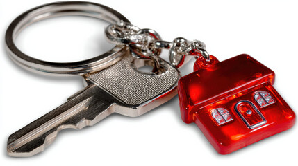 Shiny silver key with red house keychain on metal ring, symbolizing homeownership, real estate and new beginnings