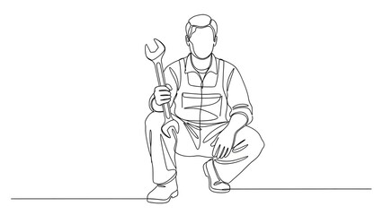 A mechanic with a wrench is depicted through a single continuous line.