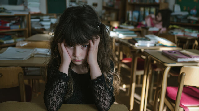 Sad child sitting alone in classroom covering ears, social exclusion and bullying emotion visible
