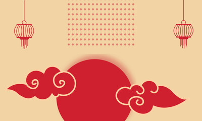 Flat Chinese theme with lantern and clouds. New Year card 