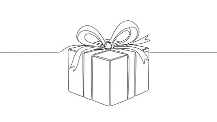 An elegant outline of a wrapped gift box with a bow, evoking anticipation.