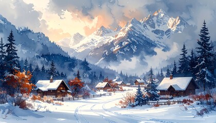 Snow-covered village nestled at the base of majestic, snow-capped mountains in a winter landscape, warm sky glow