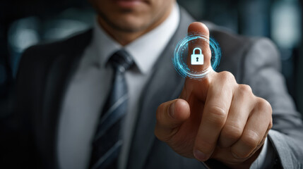 Businessman pointing at digital lock icon conveying cybersecurity protection and data breach prevention, confident professional gesture