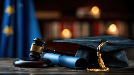 Graduation cap diploma gavel legal education law school european flag wooden table ceremony academic tassel judge mallet education justice