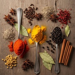 Vibrant food photography of diverse global spices and chilies, laid out on a dark wooden surface for cooking themes