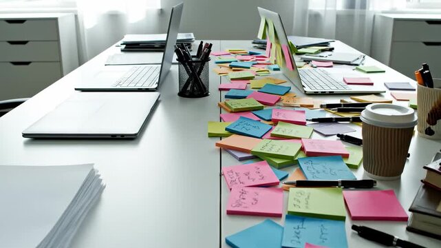 Modern office interior showing a comparison between a clean and organized desk and a chaotic workspace overwhelmed with sticky notes, representing stress, multitasking, and approaching deadlines