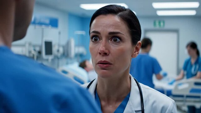 Female doctor communicating with colleague in hospital setting with concerned expression