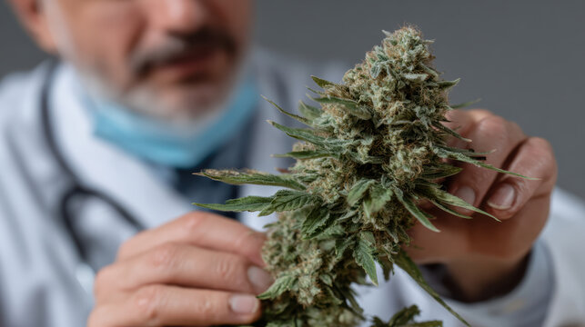 Medical cannabis bud on clinic table held by doctor examining patient care with calm professionalism - Powered by Adobe