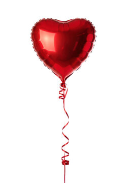 a vibrant crimson red reflective metallic heart-shaped foil balloon with an elegant curly satin ribbon, isolated against a bright white studio background. minimalist celebration atmosphere