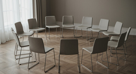 Empty chairs arranged in a circle in a modern room  