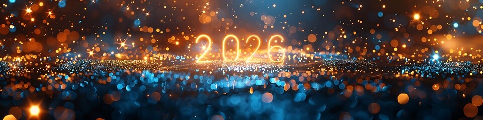 Panoramic 2026 Celebration With Sparkling Lights And Bokeh Effects